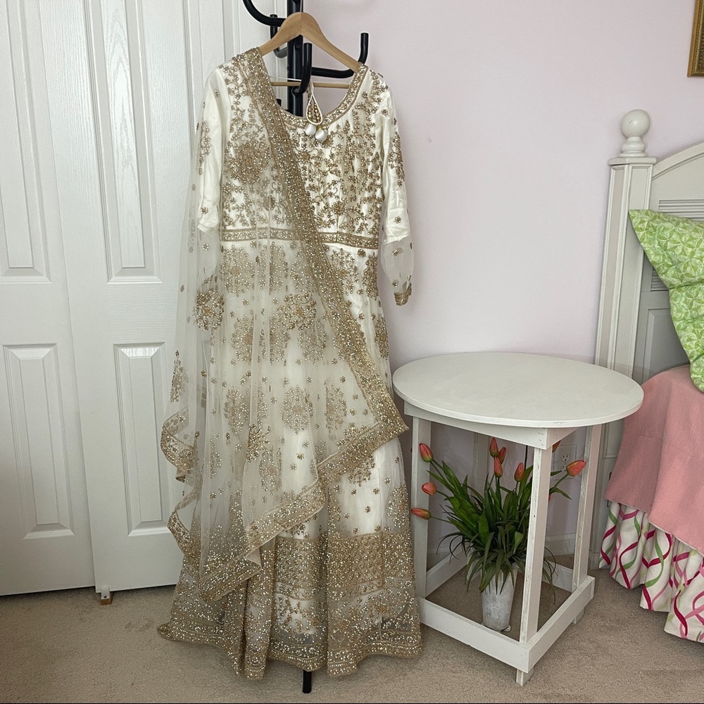 Embroided floor length cancan net maxi dress with dopatta